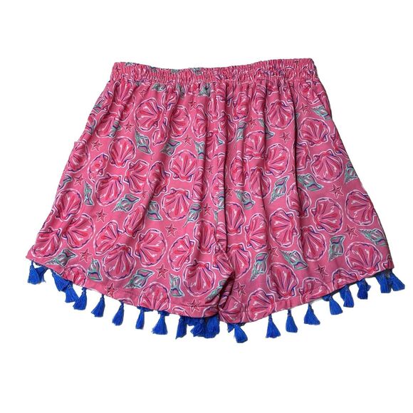 Simply Southern Pink Blue Seashell Print Shorts BlueFringe Hem. Woman's Sz L/XL - Picture 5 of 7